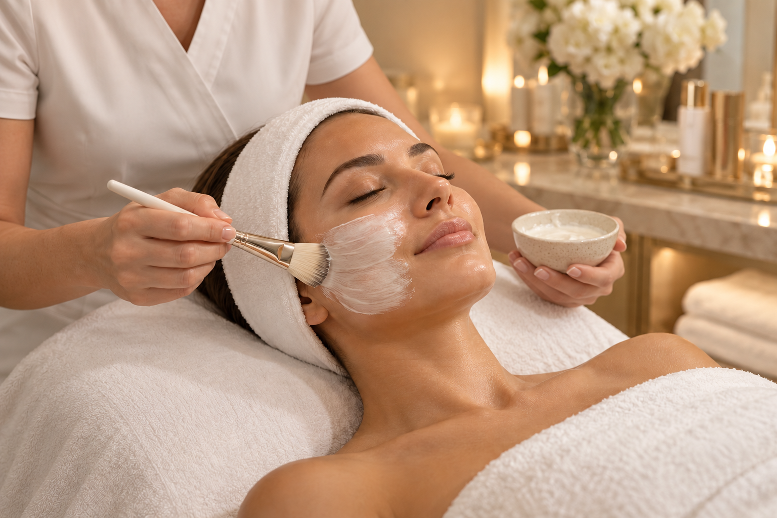 Aplicação de máscara facial com pincel suave