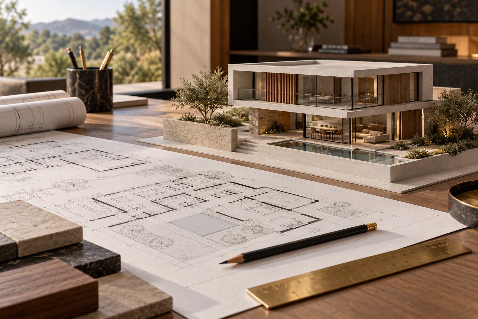 Maquete de residência e plantas de projeto arquitetônico