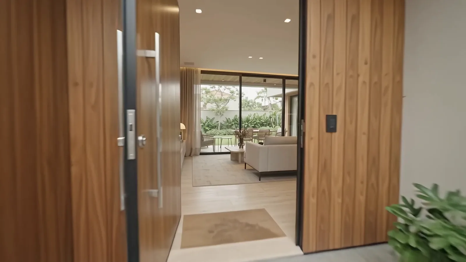 Entrada de uma residência contemporânea com madeira, vidro e jardim